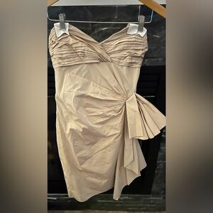 BCBG MaxAzria Ruched Taffeta Cocktail Dress w/Sweetheart Bow in Beige Color